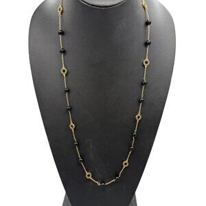 J Crew Black Beaded Rhinestone Station Chain Long Necklace Gold Tone Evening